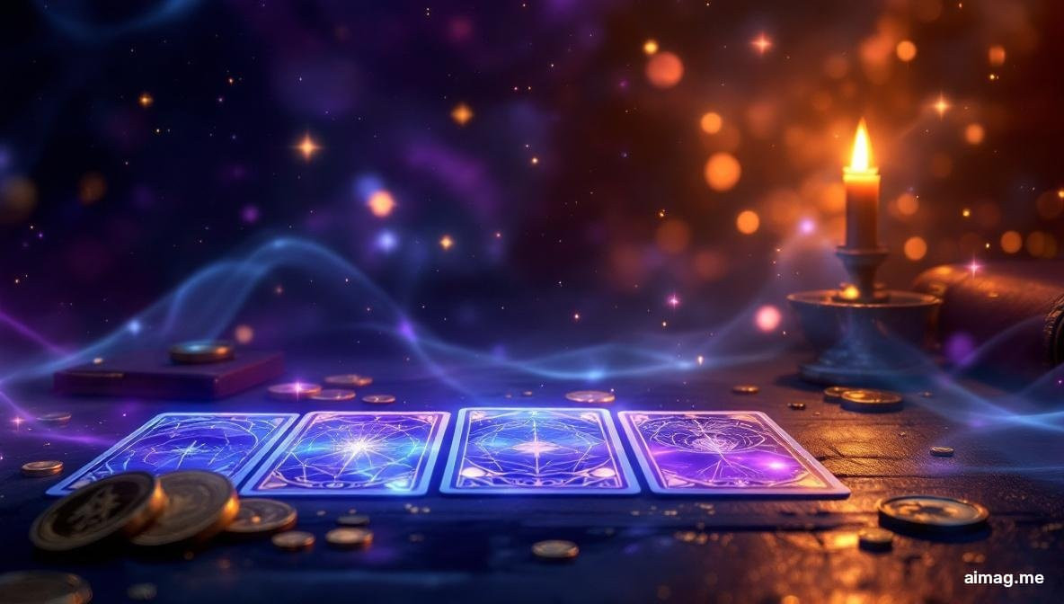 Tarot cards arranged on a dark surface with golden coins and warm amber light, creating an atmosphere of financial contemplation and abundance