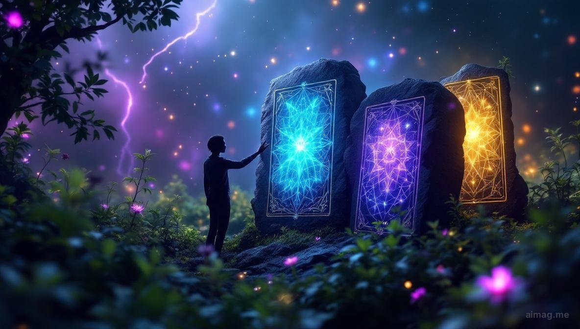 Three tarot cards arranged on a table with spring flowers and soft May sunlight streaming through a window, evoking growth and warmth