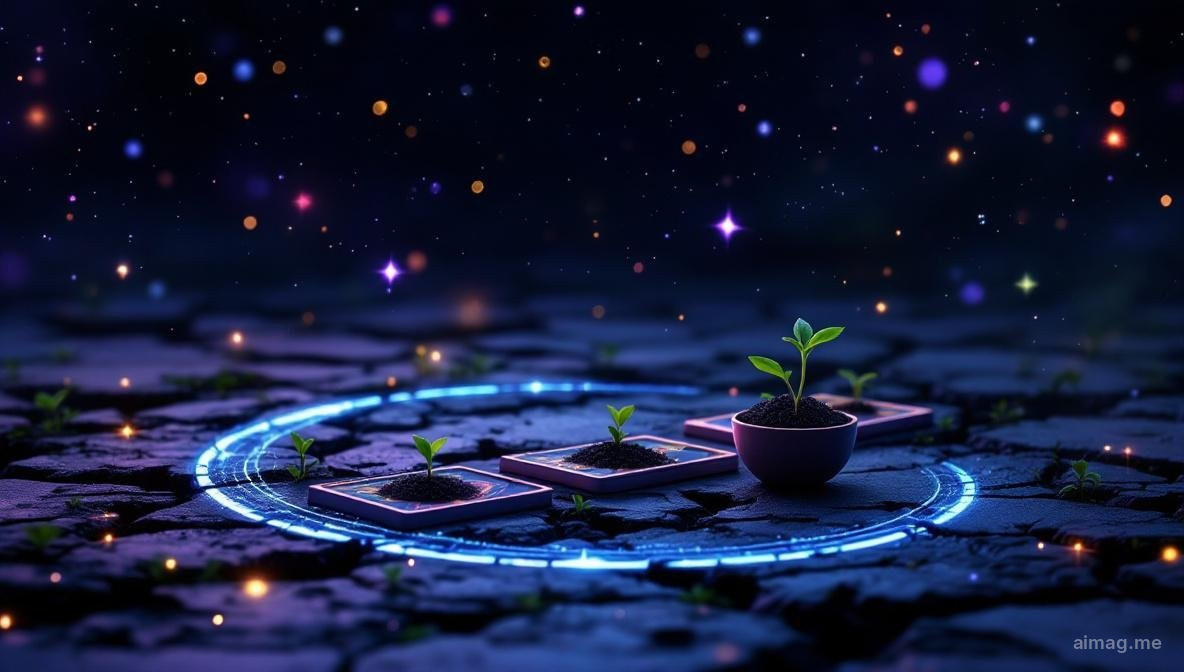 Karty tarota ułożone w kształt półksiężyca na ciemnej powierzchni z pasemkiem srebrnego światła księżyca i małymi kiełkującymi nasionami, przywołujące nowe początki