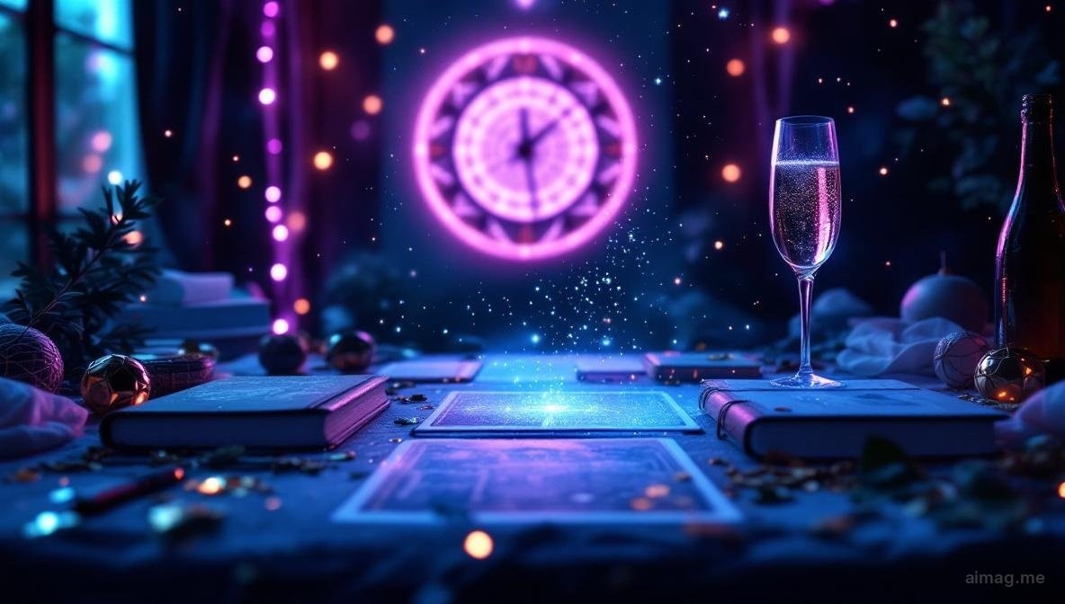 Tarot cards arranged beside a journal and a cup of tea at midnight, warm golden light from candles with a clock showing midnight