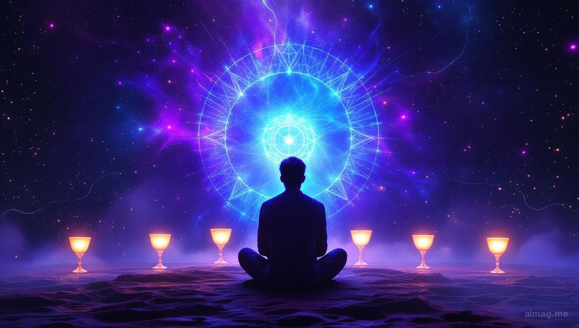 A solitary figure seated before a curved display of nine golden chalices, warm candlelight reflecting satisfaction across their face in a richly draped room