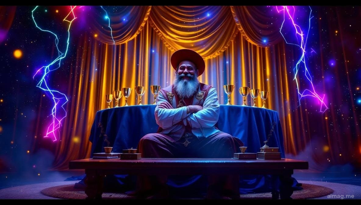 Nine of Cups tarot card — a contented figure sitting with arms crossed before nine golden cups arranged in an arc on a draped blue cloth