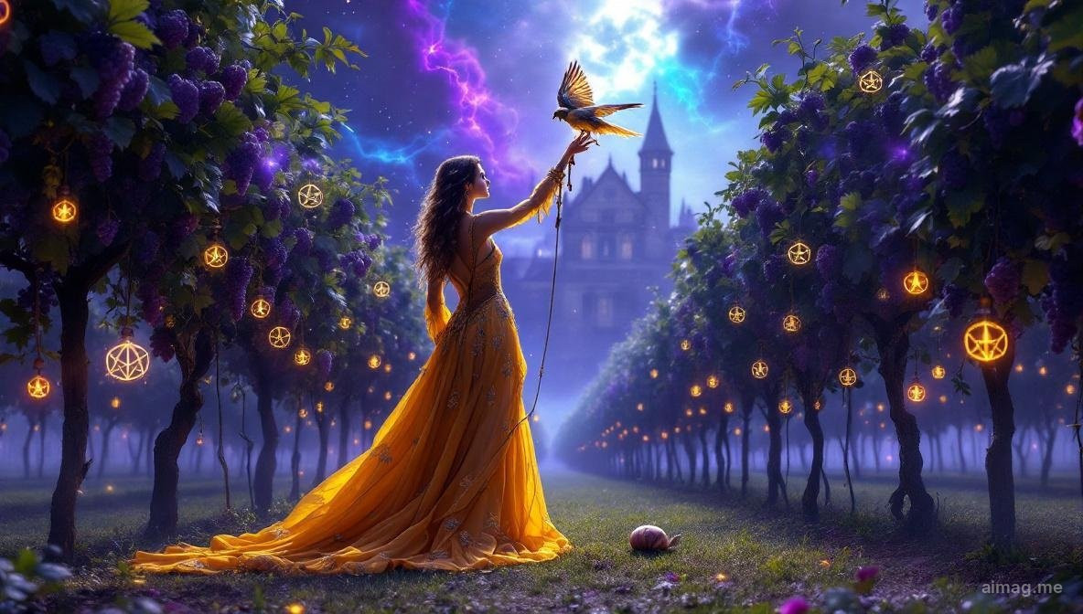 Nine of Pentacles tarot card — an elegant woman in a golden gown stands alone in a lush vineyard with a hooded falcon on her wrist, nine pentacles growing on the vines around her