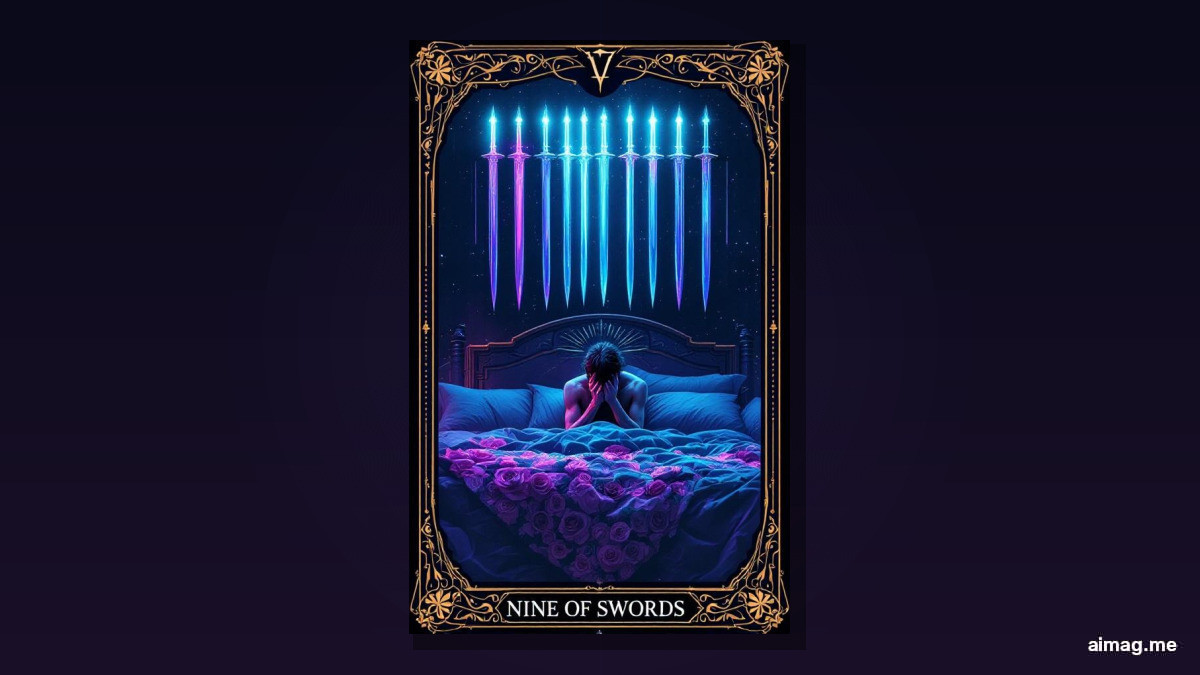 Nine of Swords tarot card — a figure sits upright in bed at night, face buried in hands, nine swords mounted on the dark wall behind in a horizontal stack