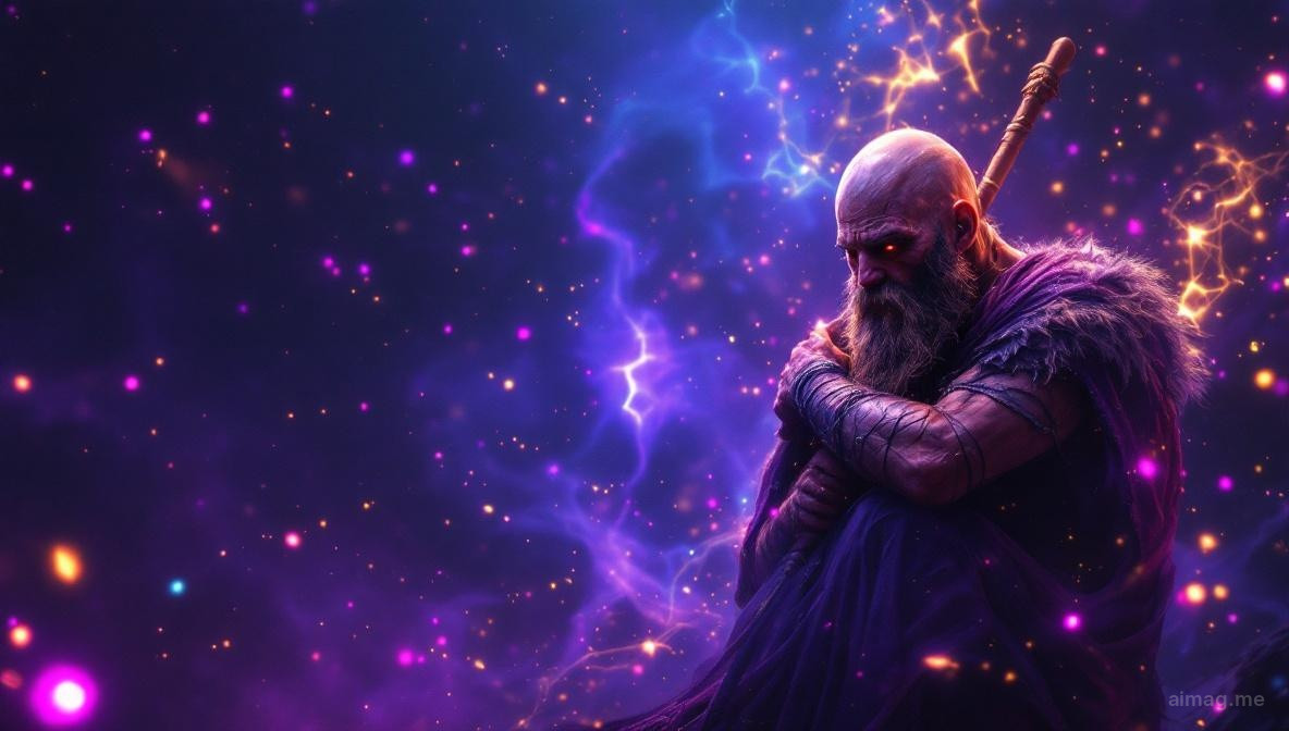 Zmęczona postać opierająca się na drewnianej lasce z ośmioma różdżkami stojącymi za nią jak obronny mur, posiniaczona ale pewnie stojąca, ciepłe światło ognia odbijające się od blizn na dłoniach