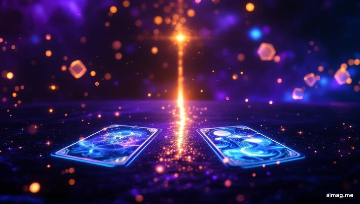 Two card decks side by side on a dark wooden surface — a structured tarot deck and a colorful oracle deck — with warm diffused light