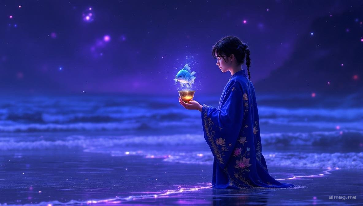 Page of Cups tarot card — a young figure in a blue tunic stands by the shore holding a golden cup from which a small fish emerges