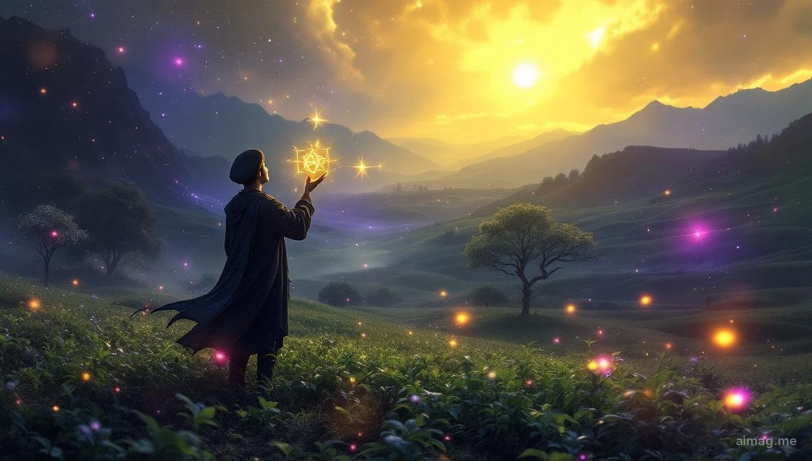 Page of Pentacles tarot card — a young figure stands in a green meadow holding a golden pentacle aloft, gazing at it with rapt fascination against a backdrop of plowed fields