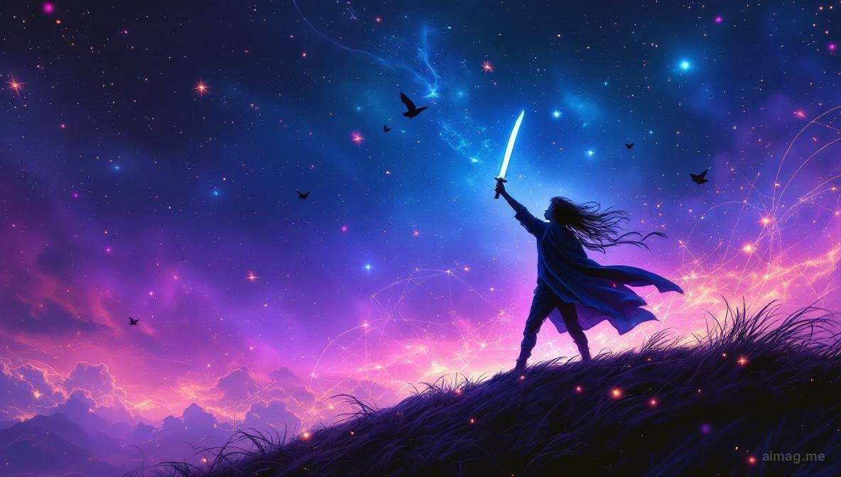 Młoda postać stojąca na wietrznym wzgórzu z uniesionym mieczem, włosy i płaszcz powiewające na wietrze, bystre oczy skanujące horyzont