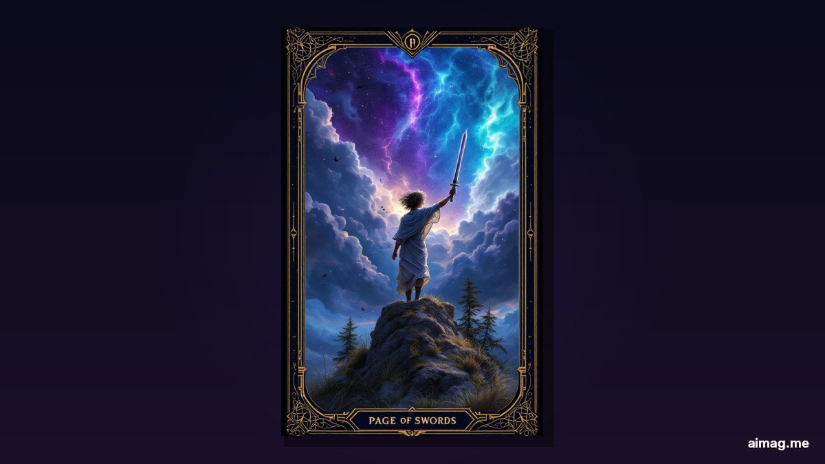 Page of Swords tarot card — a young figure stands on a windswept hilltop holding a sword upright, clouds racing across a turbulent sky, hair and clothing whipped by strong gusts