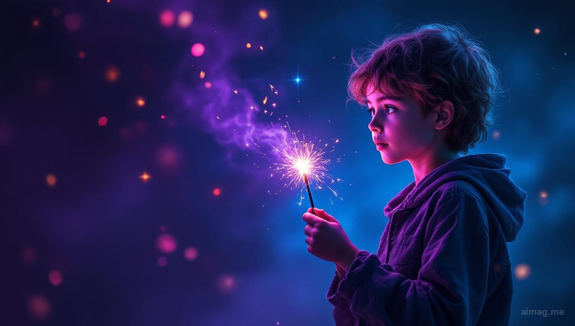 Młoda postać trzymająca drewnianą różdżkę pionowo w nasłonecznionym pustynnym krajobrazie, wpatrująca się w horyzont z jasnymi oczami pełnymi zachwytu, ciepłe bursztynowe światło oświetlające jej twarz