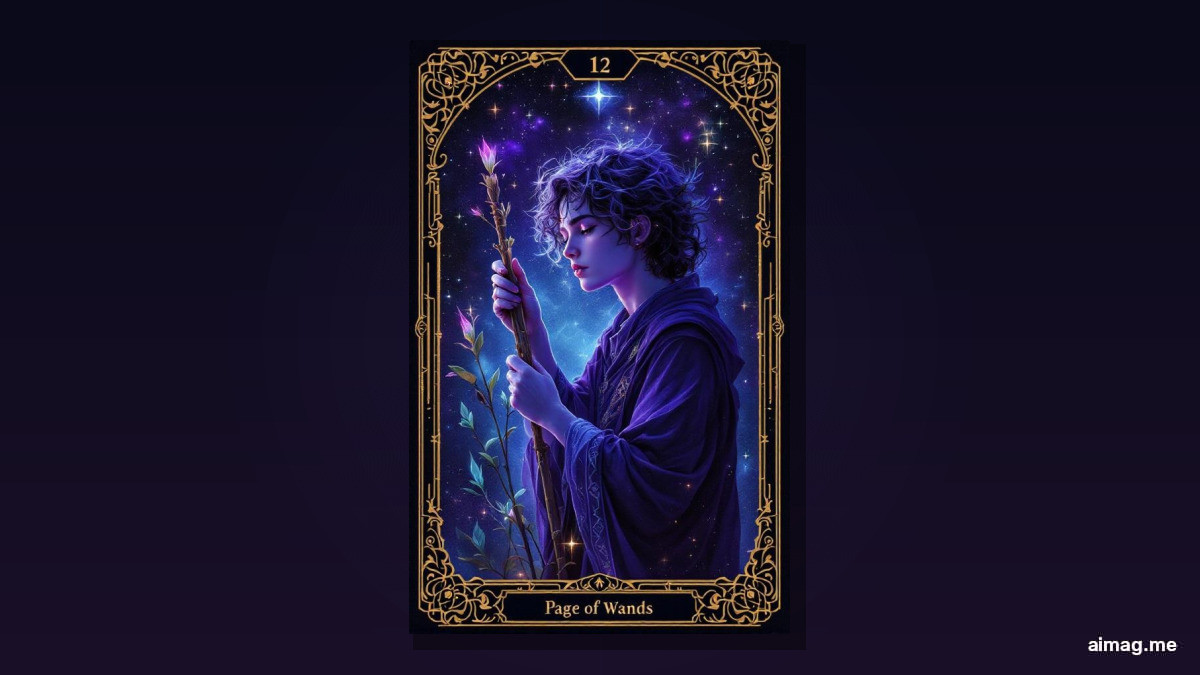 Karta Pazia Różdżek — młoda postać w zdobionej tunice i wysokim kapeluszu z piórem stoi na pustynnym krajobrazie, z fascynacją wpatrując się w kiełkującą różdżkę trzymaną obiema rękami