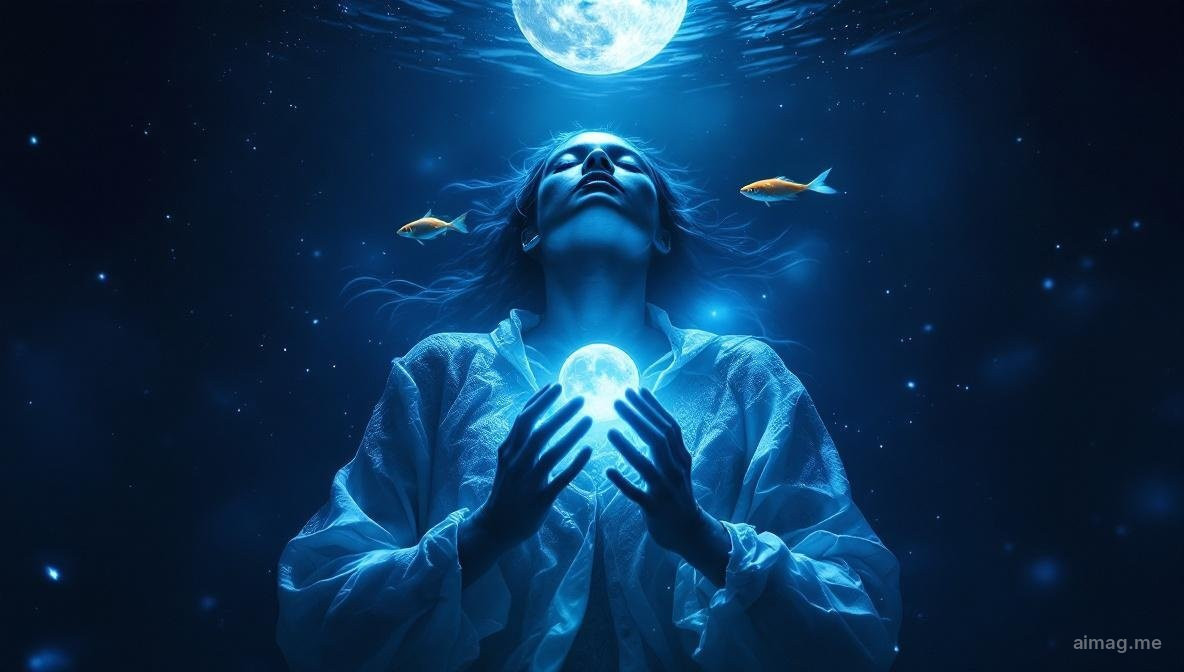 The Moon tarot card dissolving into ocean waves with the Pisces fish constellation shimmering beneath the surface, suggesting intuition, dreams, and the dissolution of boundaries