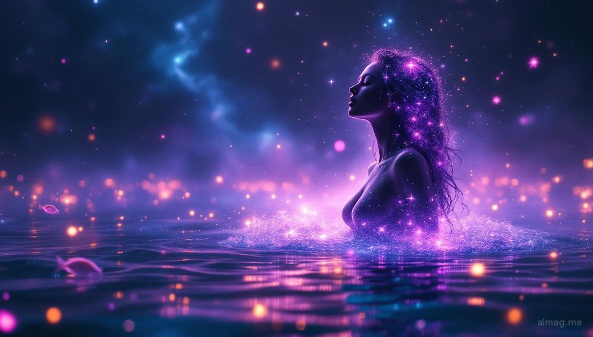 Karty tarota unoszące się na powierzchni spokojnej wody o zmierzchu, z krawędziami rozmytymi przez łagodne zmarszczki i sierpem księżyca odbijającym się pod spodem, przywołujące rozpuszczającą emocjonalną głębię sezonu Ryb