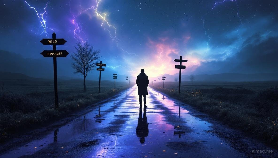 A fork in a dimly lit forest path with one direction leading into shadow and the other toward a warm distant glow, representing the crossroads of a quarter-life crisis