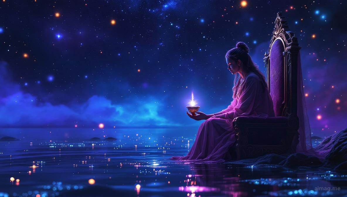 A regal figure seated on a throne at the water's edge, cradling an ornate closed chalice, waves lapping gently at their feet under a pearl-colored sky