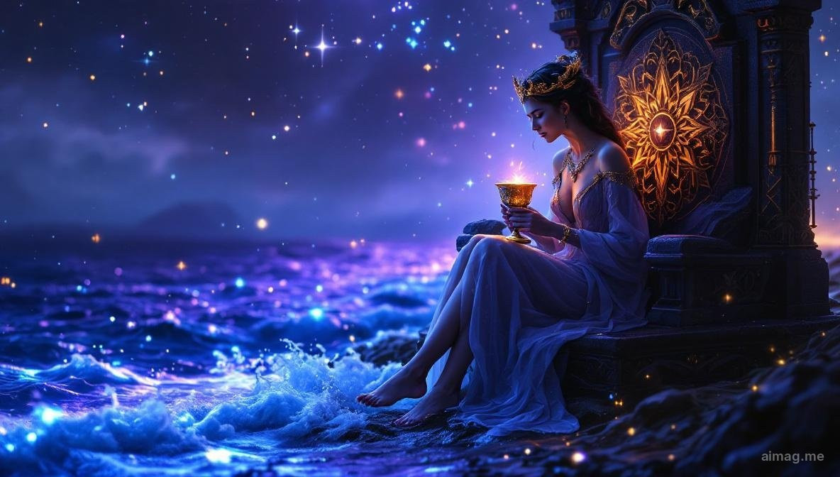 Queen of Cups tarot card — a serene queen sits on a throne at the water's edge, contemplating a magnificent closed golden chalice with angel handles