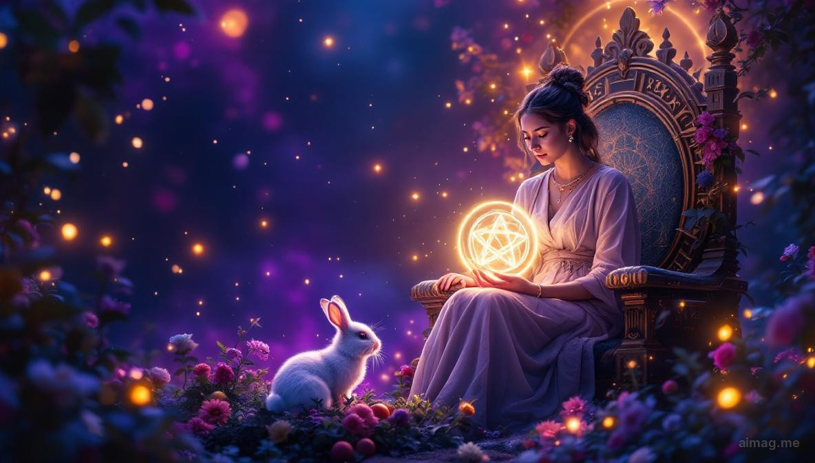 A regal figure seated on a throne carved with fruit and vines in a blooming garden, cradling a golden pentacle in her lap while rabbits play at her feet