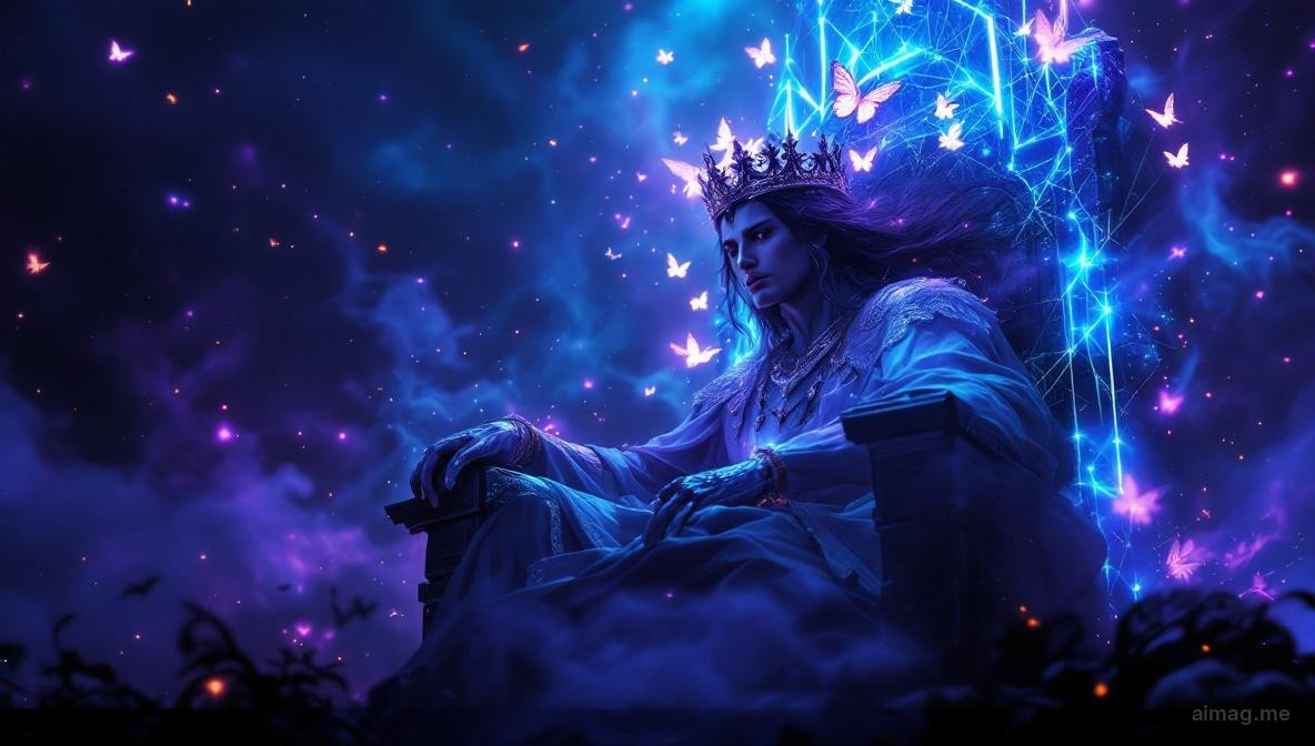 Dostojna postać siedząca na kamiennym tronie w czystym górskim powietrzu, trzymająca uniesiony miecz w jednej ręce, drugą wyciągniętą ze spokojnym autorytetem