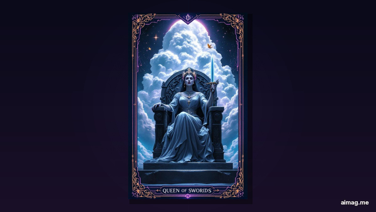 Queen of Swords tarot card — a stern-faced queen on a carved stone throne holds an upright sword in one hand, her left hand extended, against a sky of towering clouds with a single bird in the distance