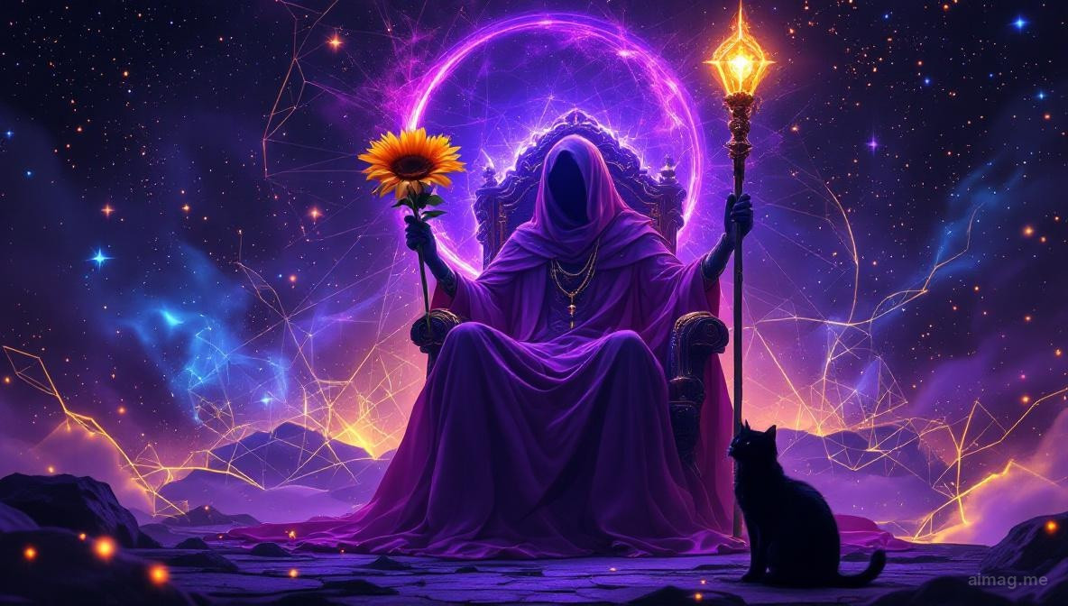 Królewska postać siedząca na tronie ozdobionym słonecznikami i lwami, promieniująca ciepłem i autorytetem, czarny kot u jej stóp, złote światło ognia odbijające się od bogatych bursztynowych szat