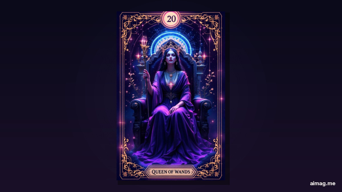 Karta Królowa Różdżek — królewska kobieta siedzi na tronie rzeźbionym w lwy i słoneczniki, trzymając wysoką różdżkę w jednej ręce i słonecznik w drugiej, czarny kot u jej stóp