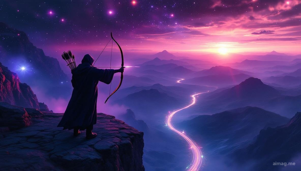 The Temperance tarot card surrounded by symbols of fire and expansive horizons, with the Sagittarius archer constellation subtly visible in the background