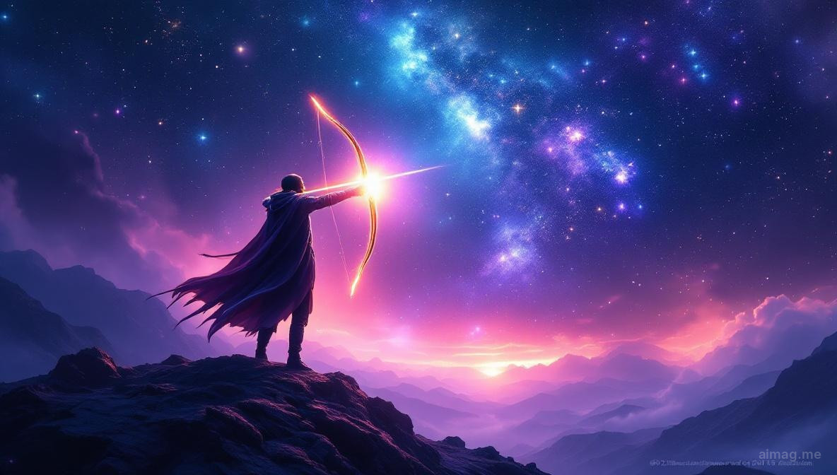 Karty tarota rozłożone na zużytym skórzanym dzienniku obok kompasu i mapy świata, z ciepłym bursztynowym światłem lampy sugerującym filozoficzną wędrówczość sezonu Strzelca