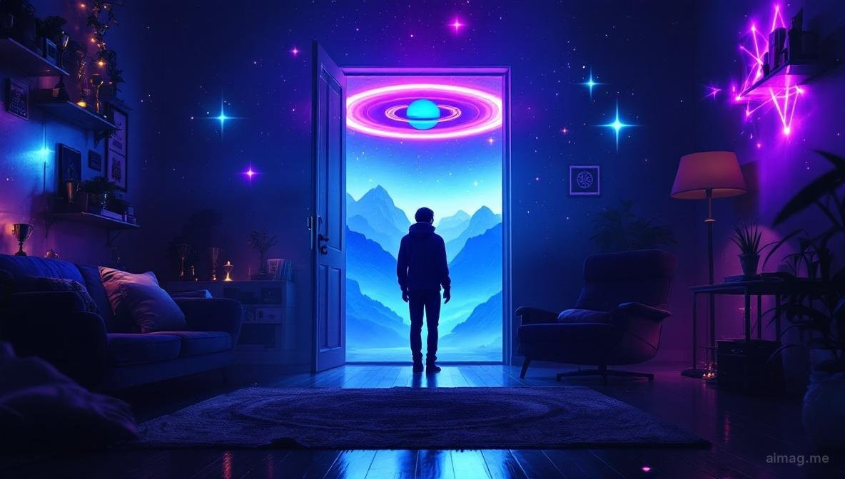 A dark sky with a faintly visible ringed planet and a winding path below illuminated by warm lamplight, suggesting a solitary journey of transformation