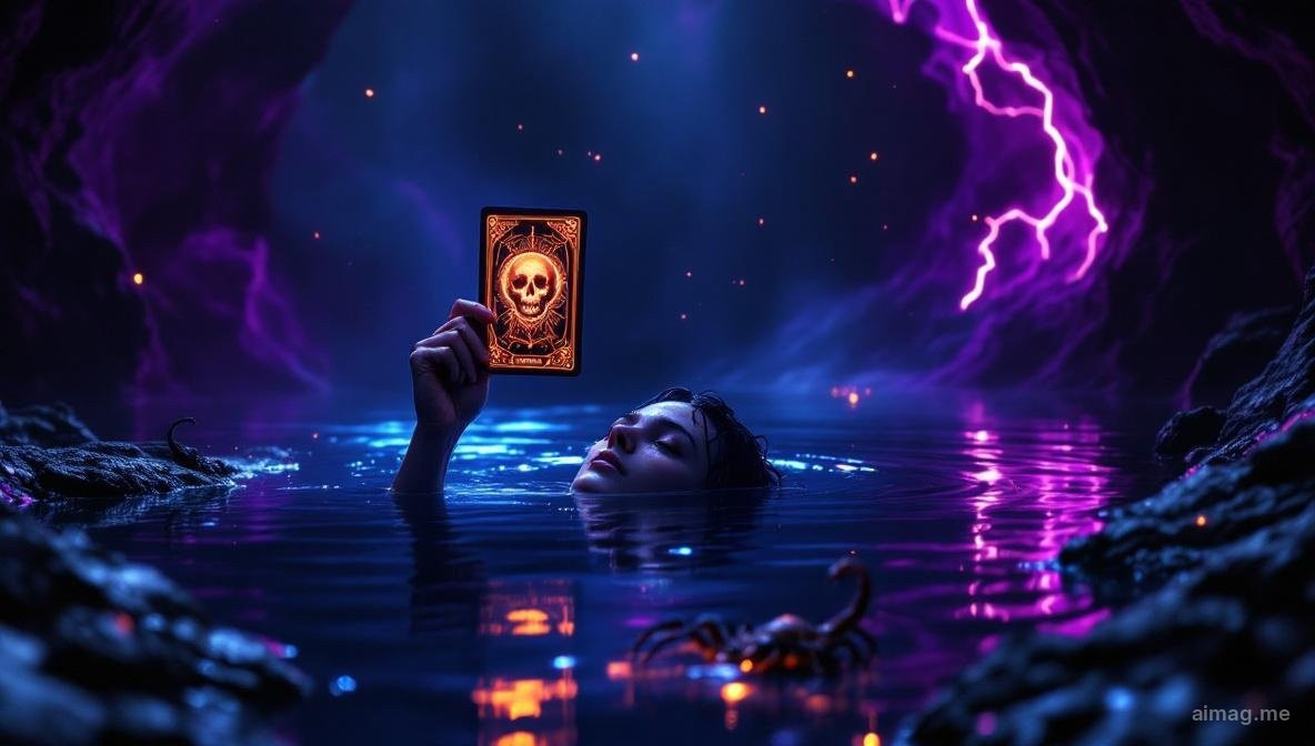 The Death tarot card surrounded by Scorpio constellation symbols, a phoenix rising from dark water against a Plutonian sky, suggesting transformation and emotional rebirth
