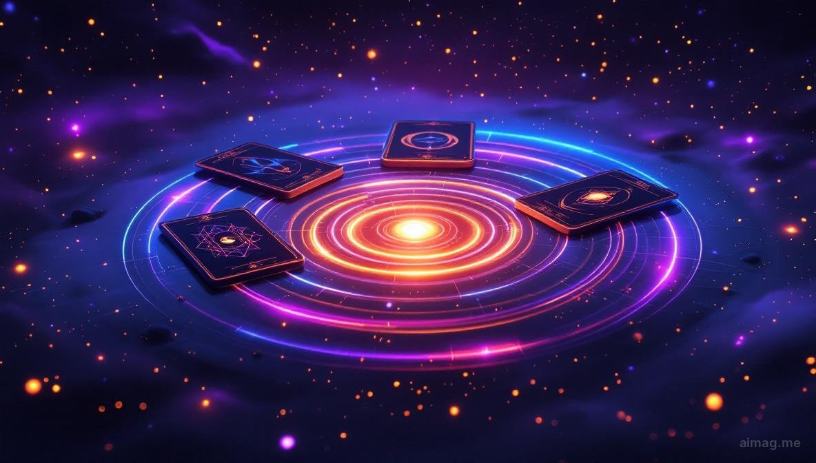 Karty tarota ułożone we wzór spirali na ciemnej powierzchni z miękkim ciepłym światłem emanującym z centralnej karty, sugerujące wewnętrzną podróż samopoznania