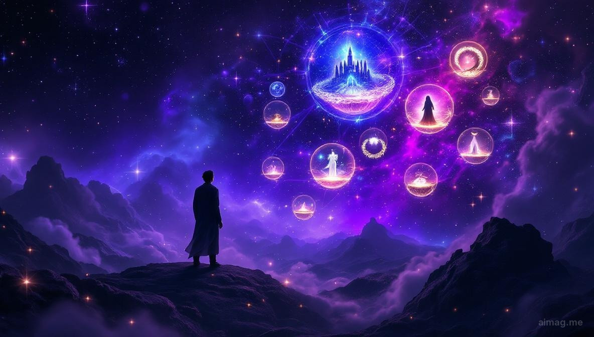 Sylwetka postaci wpatrującej się w siedem unoszących się w kłębiących chmurach kielichów, każdy zawierający inną wizję, zamek, klejnot, wąż, wieniec, zamgloną postać, wszystko skąpane w uwodzicielskim lecz niepewnym świetle