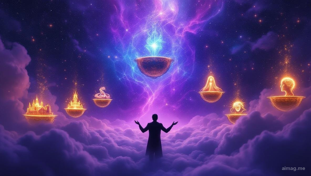 Seven of Cups tarot card — a shadowy figure gazing at seven cups floating in clouds, each filled with a different vision including jewels, a dragon, a castle, and a wreath