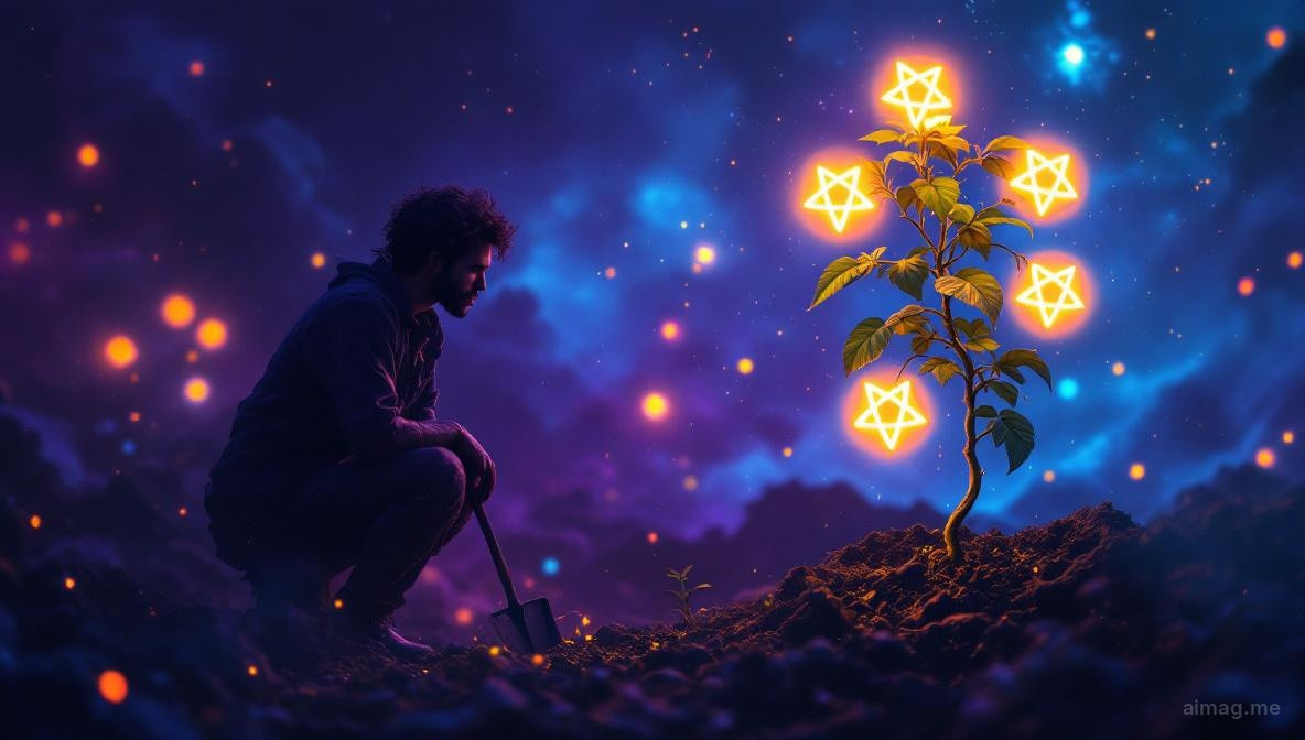 A gardener leaning on a hoe, gazing thoughtfully at a vine bearing seven golden fruits, the setting sun casting long shadows across cultivated earth