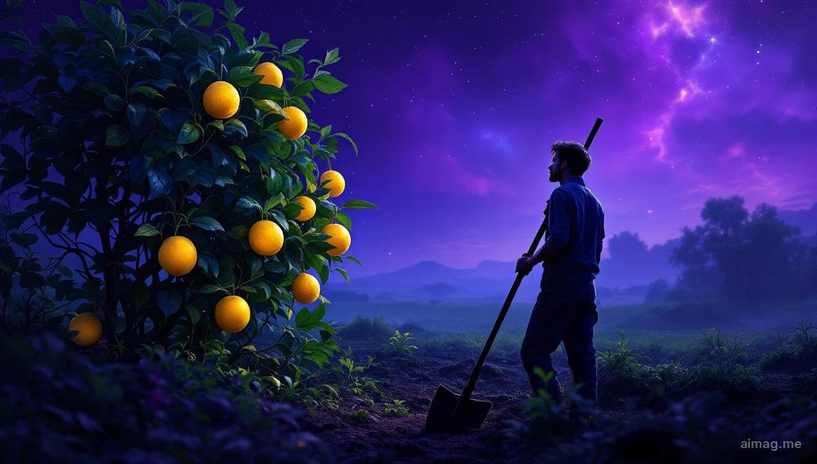 Seven of Pentacles tarot card — a young farmer leans wearily on his hoe, gazing at seven golden pentacles growing on a lush vine before him