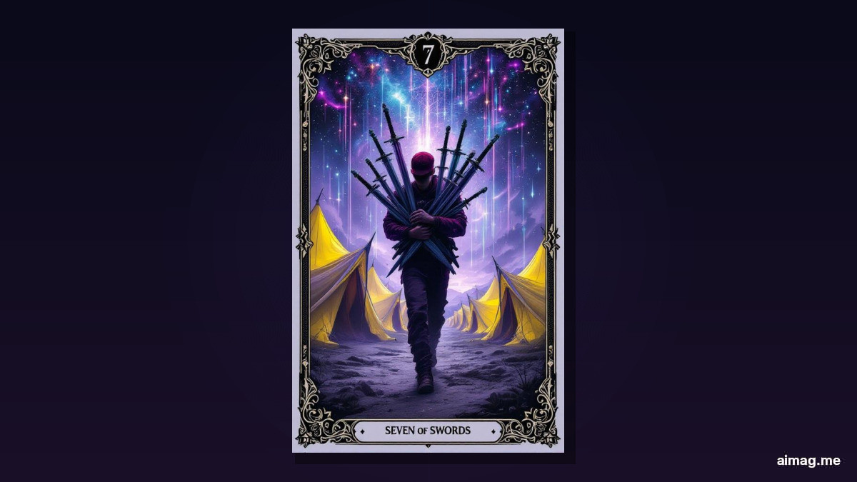 Seven of Swords tarot card — a figure tiptoes away from a military encampment carrying five swords, leaving two behind, glancing back over his shoulder with a sly expression