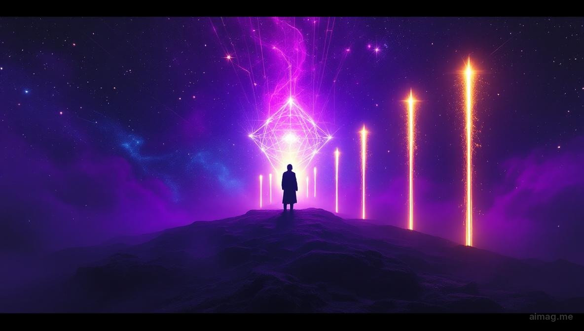 A determined figure standing on a rocky ridge wielding a wooden staff against six staffs rising from below, fierce wind blowing their hair against a stormy sky