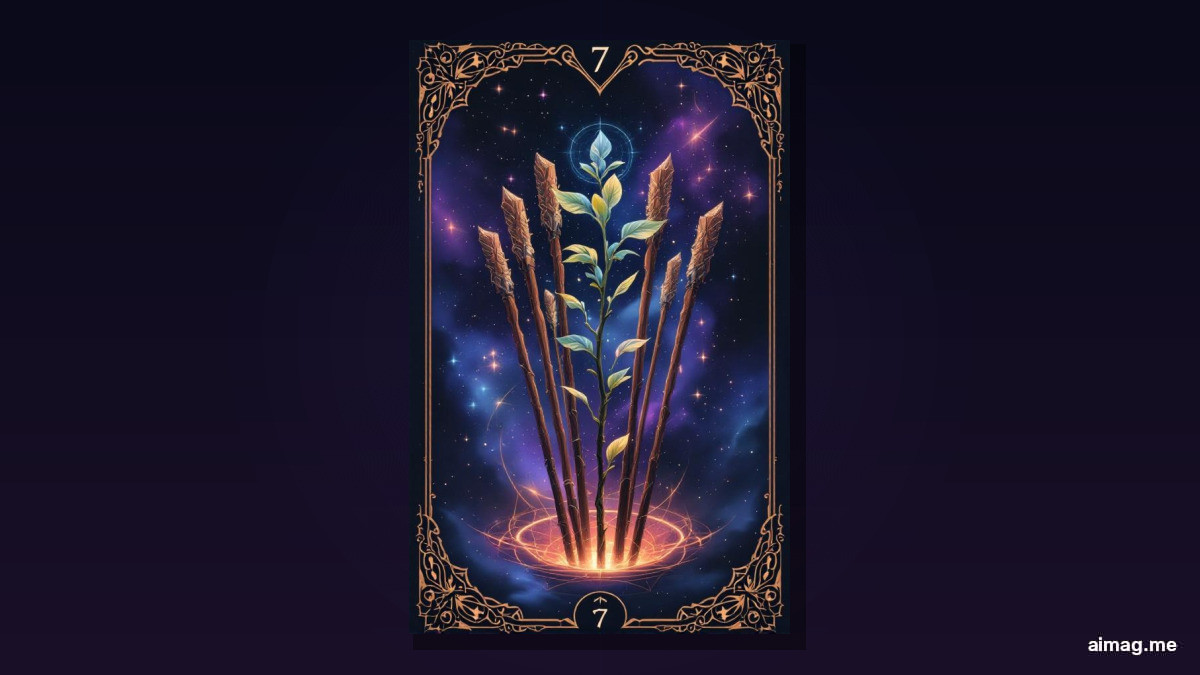 Karta Siódemki Różdżek — zdeterminowana postać na szczycie wzgórza dzierży pojedynczą różdżkę obronnie przeciwko sześciu laskom wznoszącym się z dołu, jeden but brakuje, postawa bojowa i zdecydowana
