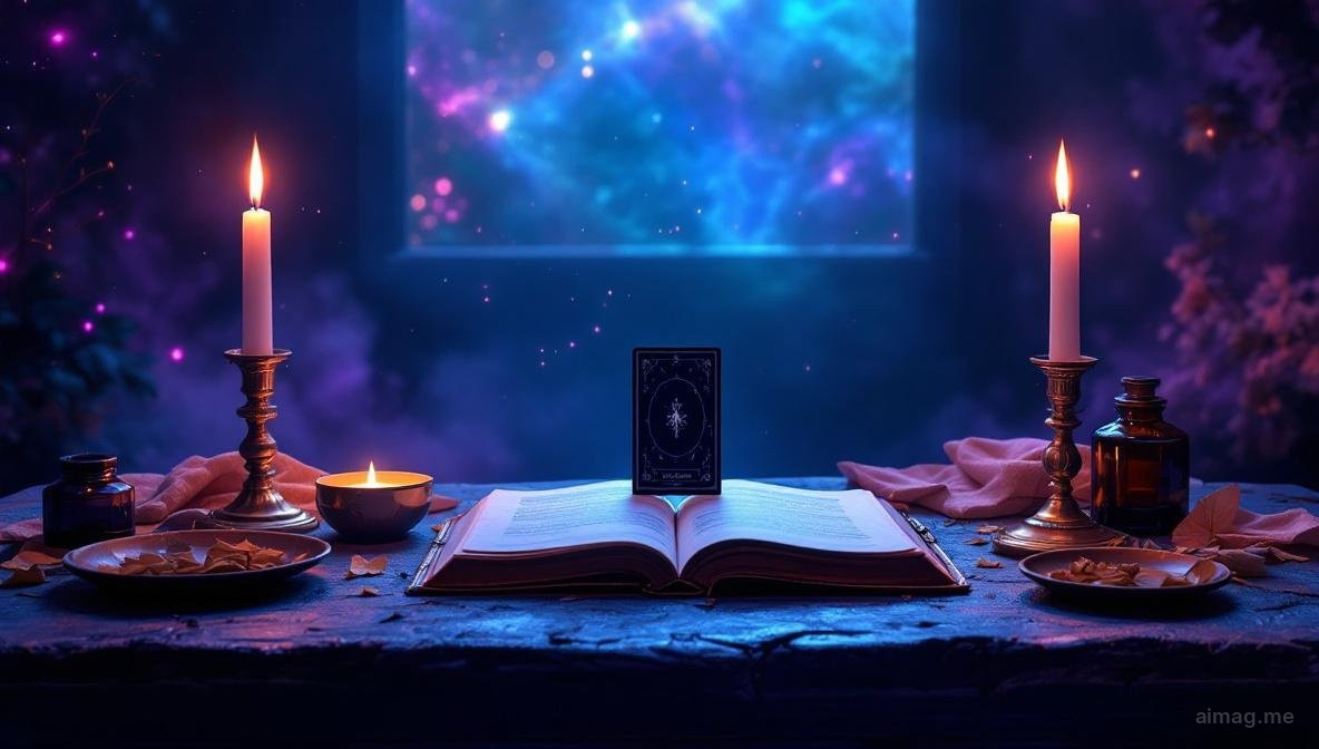 A tarot card half in light and half in shadow on an open journal page, pen resting nearby, suggesting the daily practice of confronting hidden aspects of the self