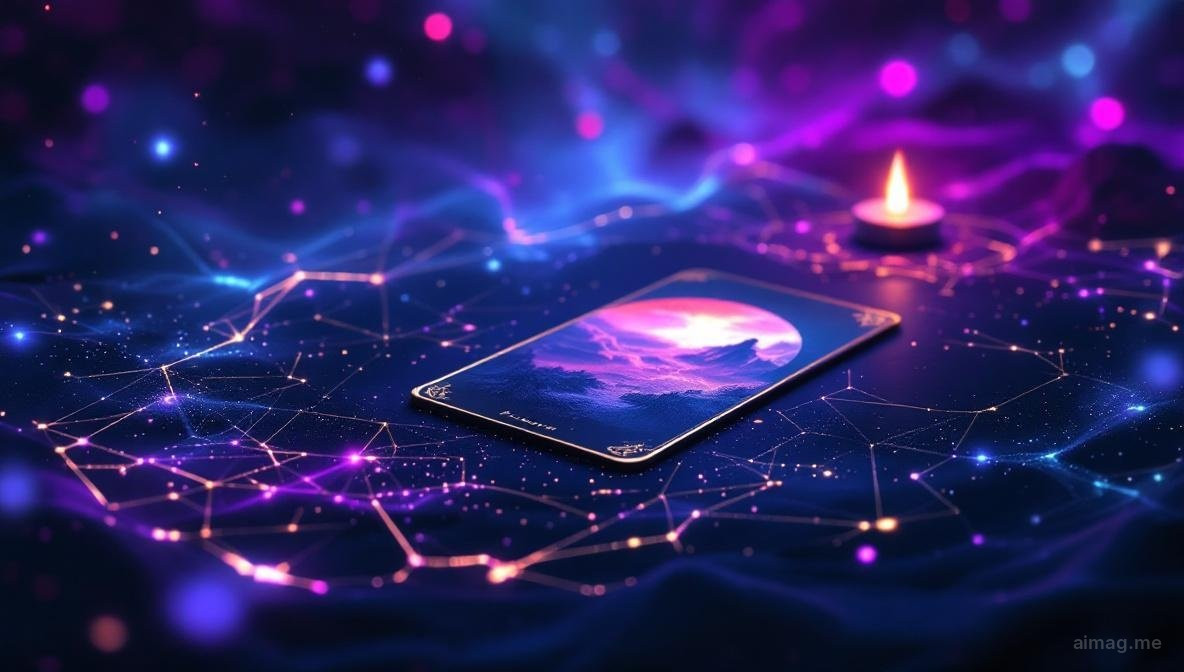 Karty tarota ulożone na ciemnej powierzchni z jedną kartą odwróconą i jej odbiciem widocznym poniżej, sugerujące ukryte aspekty psychiki które praca z cieniem ujawnia