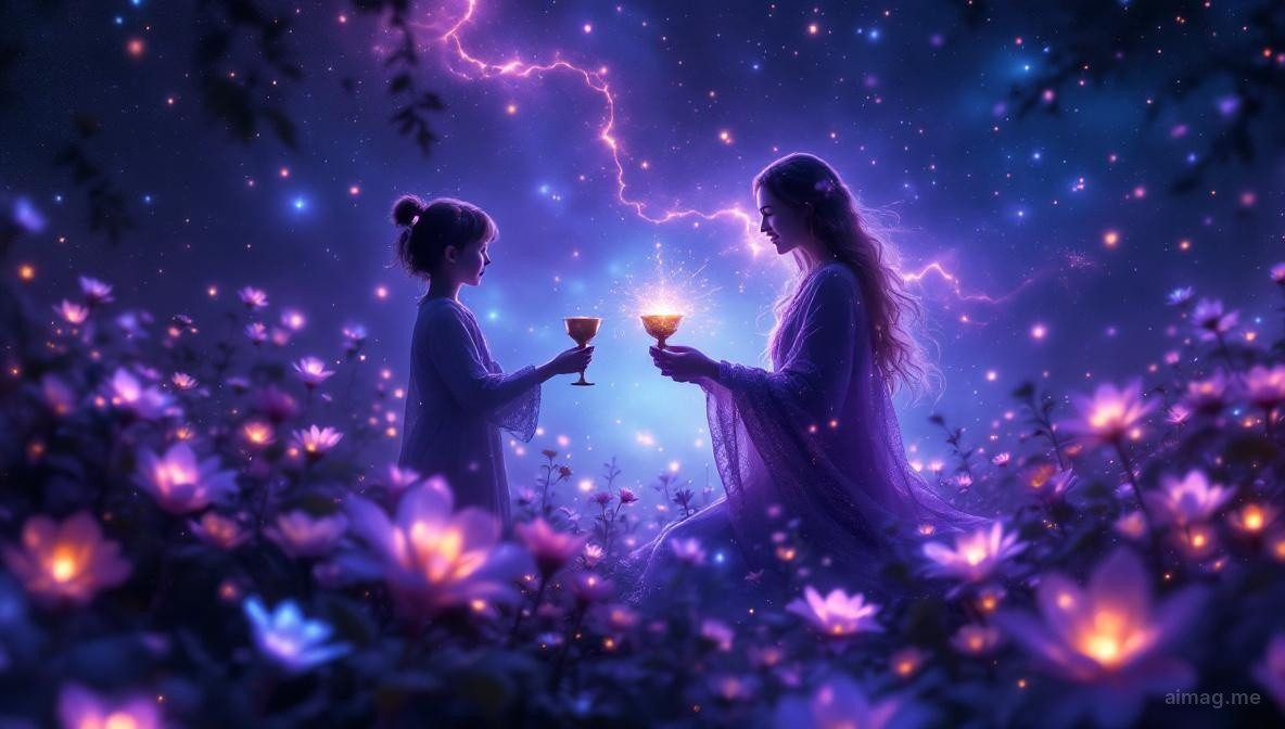 Dziecko wręczające kielich wypełniony białymi kwiatami drugiemu dziecku na słonecznym dziedzińcu starej kamiennej wioski, pięć kolejnych kielichów z kwiatami ustawionych wokół nich w złotym popołudniowym świetle