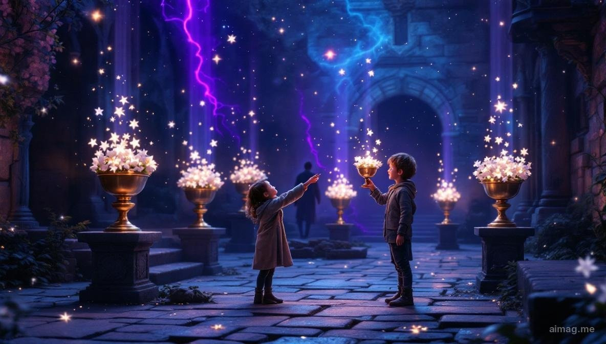 Six of Cups tarot card — two children in a garden courtyard exchanging white flowers in golden cups, a guard walking away in the background