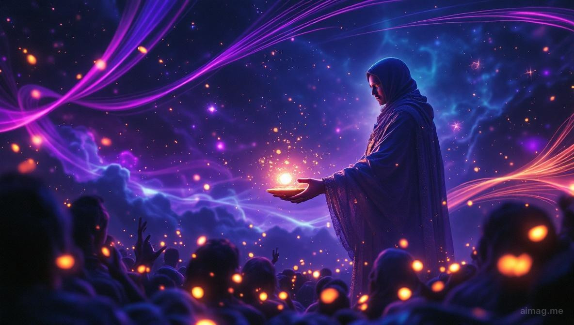 Postać w powłóczystych szatach trzymająca wyważone szale w jednej ręce, drugą oferująca złote monety, dwaj wdzięczni adresaci klęczący w ciepłym bursztynowym świetle