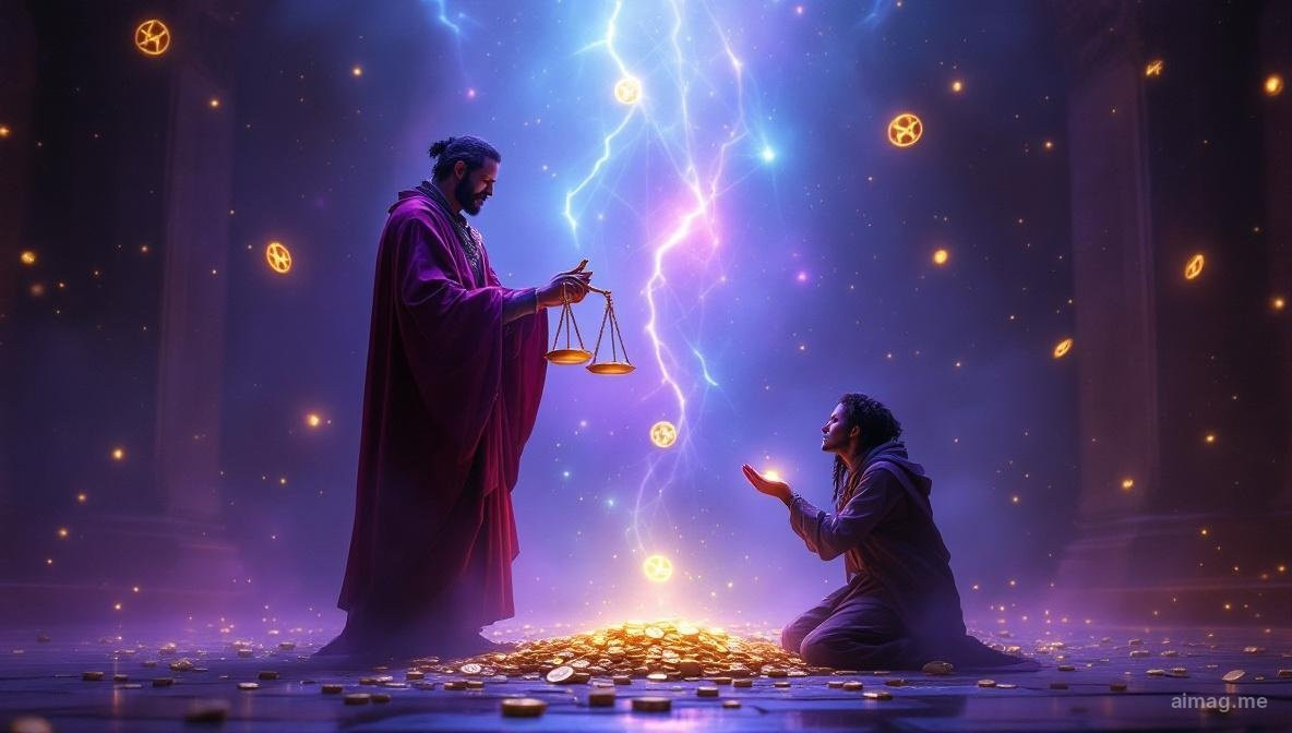 Six of Pentacles tarot card — a wealthy merchant holds balanced golden scales while distributing coins to two kneeling figures in humble clothing