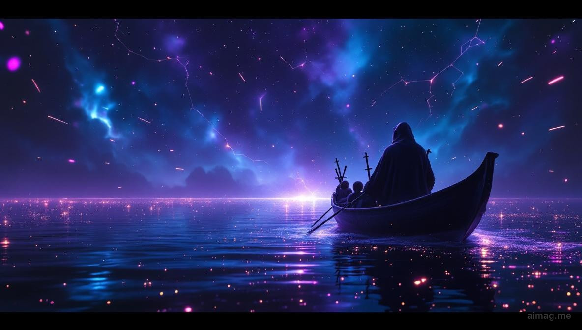 A small boat crossing from turbulent dark waters into calm, pale blue water, six swords standing upright in the bow, a distant peaceful shore ahead