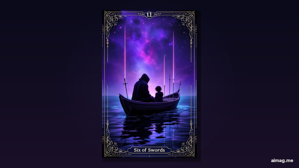 Six of Swords tarot card — a cloaked figure and child sit in a flat-bottomed boat ferried across calm water, six swords standing upright in the bow, choppy water behind and smooth water ahead