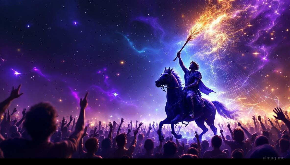 A victorious figure on horseback riding through a crowd, a laurel wreath on their wand, onlookers raising their staffs in acknowledgment under warm amber light