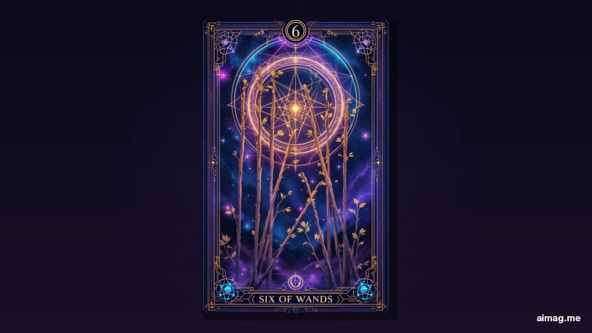 Karta Szóstki Różdżek — triumfalny jeździec na białym koniu niesie różdżkę z wieńcem laurowym, a tłum wznosi laski w geście uczczenia