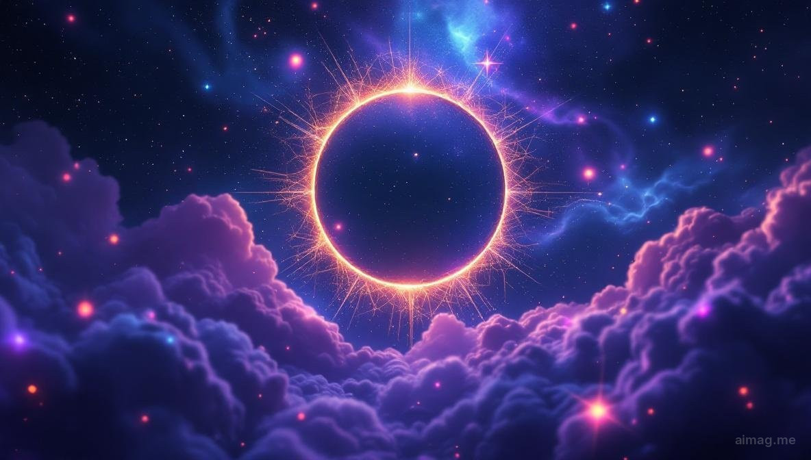 Karty tarota ułożone w kształt półksiężyca na ciemnej powierzchni z dramatyczną grą światła i cienia, przywołującą moment zaćmienia Słońca