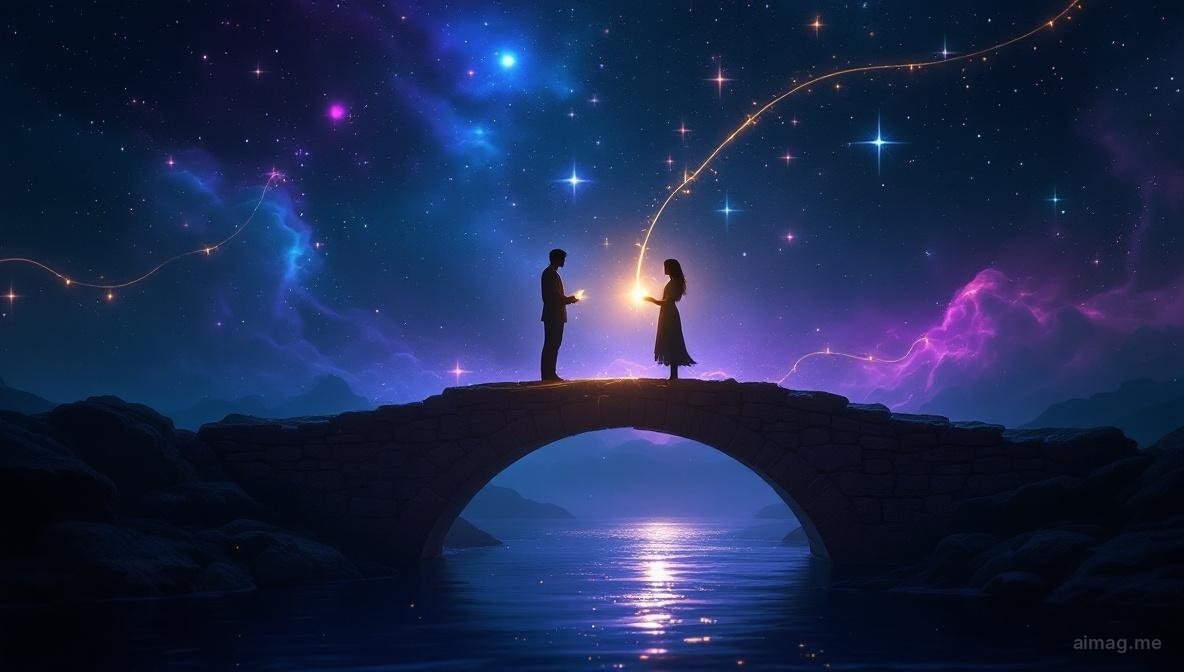 Two tarot cards side by side on a dark surface with a single thread of golden light connecting them, suggesting a deep soul connection between two people across time